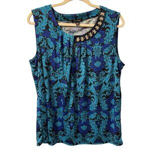 Roz & Ali Womens Sleeveless Top 1X Blue & Black Floral Design With Rhinestone Ac